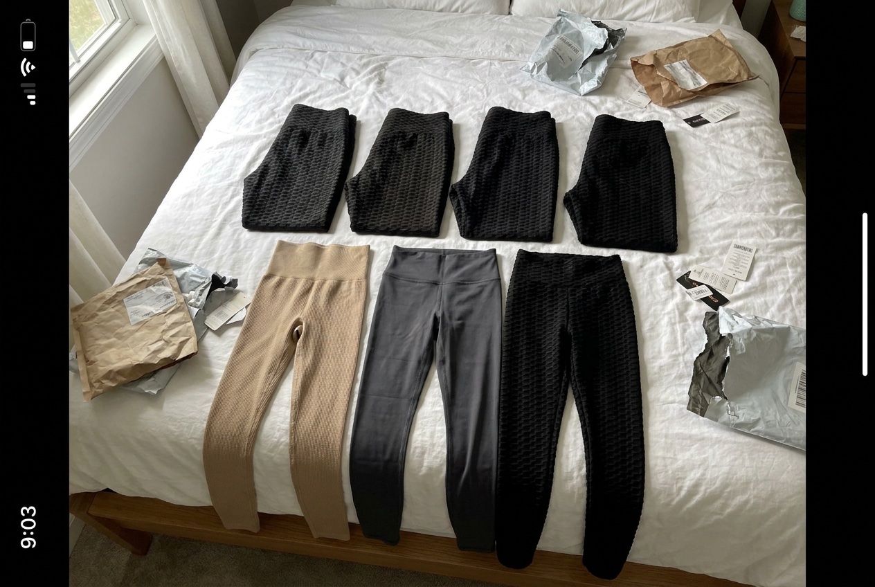 All seven pairs of leggings laid flat on a bed with order slips