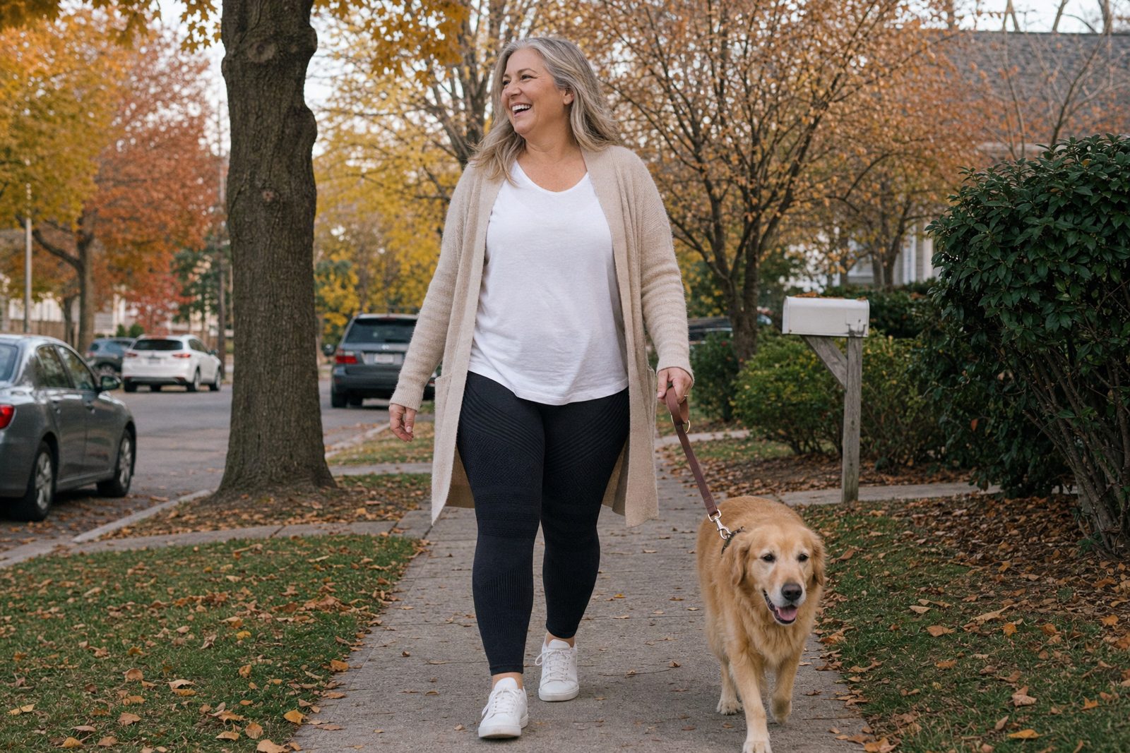 A woman in her fifties walking her dog in black compression leggings, a long cardigan and sneakers